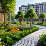 **

`Urban park design in Warsaw, Poland, showcasing sustainable solutions, rain garden, native plants, modern architecture in background, sunny day, professional photography, 8K, detailed, vibrant colors`

**
